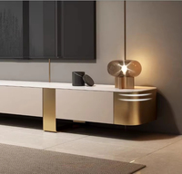 Ensemble de meubles de salon et salle à manger de luxe moderne : Meuble TV en bois avec plateau en marbre, table basse, console beige et armoire flottante de rangement
