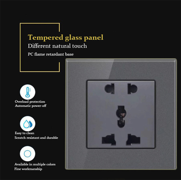 multi-functional grey tempered glass wall socket panel British standard Hong Kong version usb switch wall socket