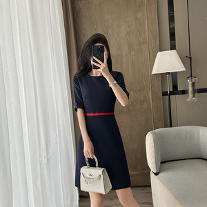 Mid Sleeve Women's Career Dress Grey O Neck A Line Midi Skirt Woven Fabric Comfortable Work Uniform - Product Image 4