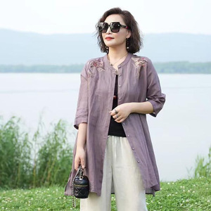 <b>Women's</b> Embroidered Mid-Length Shirt Navy Blue Cotton <b>Linen</b> <b>Cardigan</b> Spring Summer Loose Fit Vintage Style Outerwear - Product Image 2