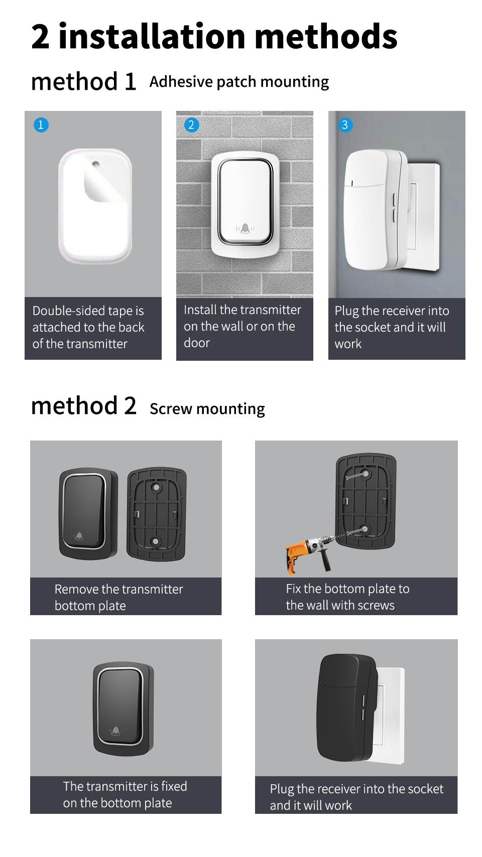 Doorbell Remote Control Wall Outlet Self Powered Waterproof 150M Remote Control Light Lamp Socket