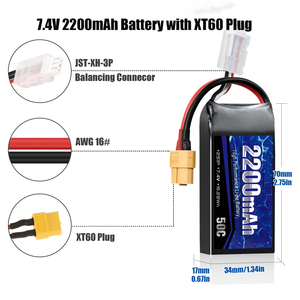 แบตเตอรี่2S Lipo 2200mAh 7.4V RC พร้อมปลั๊ก XT60 50C (80C แตก) ที่ชาร์จอัตราการคายประจุสูงสำหรับโดรน FPV - Product Image 3