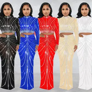 Fashion women's clothing women mesh hot diamonds sheer long sleeve crop top skirt two piece set ladies nightclub party dress