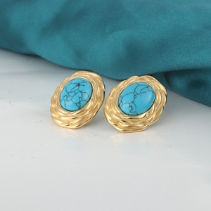 yunnique Fashion <b>Stud</b> Earrings Gold Turquoise Inlay Bezel Setting 18K <b>Titanium</b> Steel U Shaped Geometric Design - Product Image 1