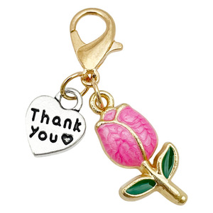 Porte-clés esthétique en émail rose avec breloque cœur tulipe et lettre, pendentif floral pour sac avec fermoir mousqueton, petit cadeau créatif pour elle - Product Image 5