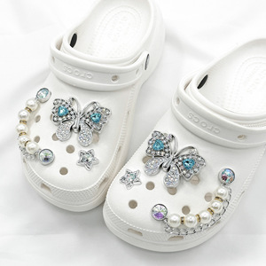 Resin Silver Diamond Butterfly Pearl <strong>Chain</strong> Women's Floral Shoe Buckle Clog Charms Set - Product Image 2