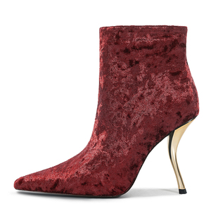 Bottines à talons irréguliers en velours doux pour femmes, avec fermeture éclair latérale et bout pointu, talons hauts à crochet doré - Product Image 3