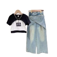 Ensemble deux pièces pour bébés filles, chemise en tissu brossé imitation fourrure de lapin et jean, style occidental tendance pour l'été