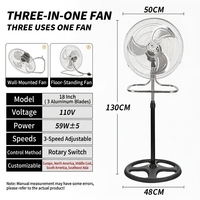 Ventilateur sur pied industriel 3 en 1 de 18 pouces avec un puissant moteur de grande taille et des pales en fer, grille de sécurité, base stable de 4,5 kg