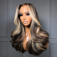 Perruque 13*6 en dentelle HD transparente, cheveux humains bruts, couleur ombrée blonde avec mèches, densité 200, cheveux longs, ligne de cheveux naturelle, ondulation naturelle
