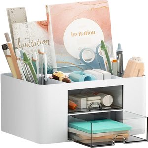Office Pencil Holder Storage Box Multi-Function Drawer Pen Holder for Desk Organizer with 2 Drawer