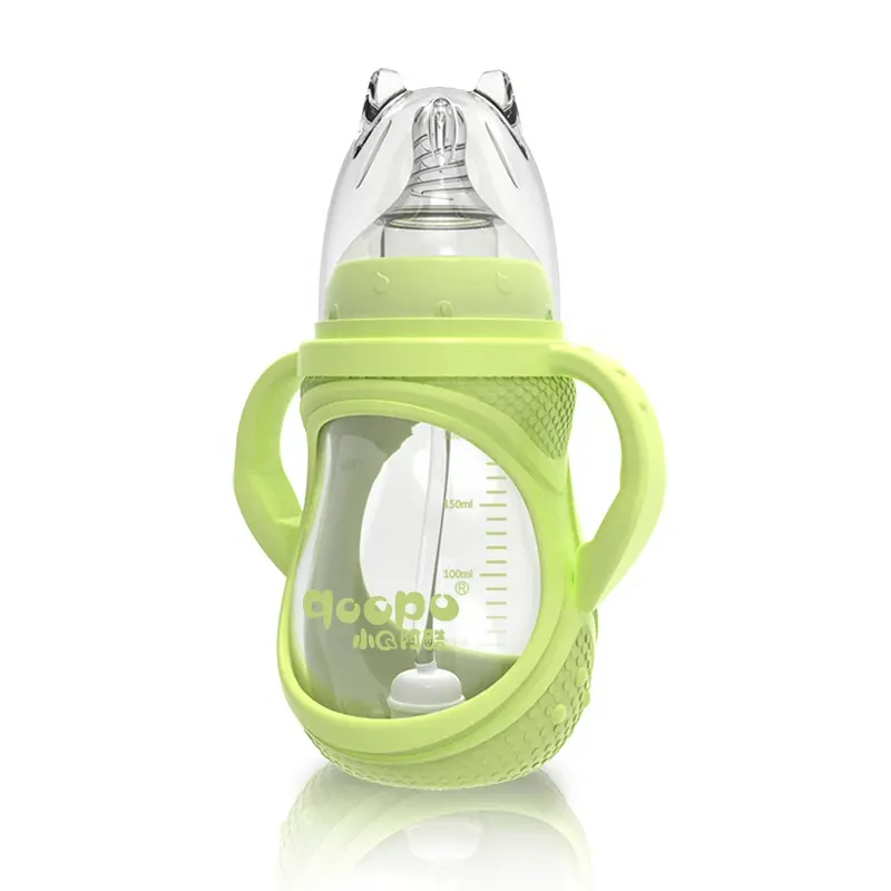 Wellfine Bpa Free Baby Portable Silicone Insulated Glass Milk Feeding Wide Neck Squeeze Travel Water Bottles for Newborn Babies