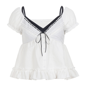 Camiseta Babydoll con Bloques de Color y Ribete de Encaje, Estilo de Dos Piezas, Blusa de Manga Abullonada con Corte en A, Blusa de Verano Casual, Dulce y Versátil para Mujer - Product Image 6