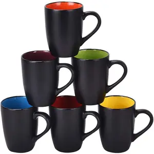 16 Ounce Set of 6 Large-sized Black Outside and Colorful Inside Ceramic Coffee Mug Sets Perfect for Coffee Cappuccino