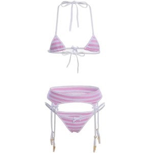 Lingerie féminine de style japonais bleu rose séduisante, ensemble trois pièces à rayures, bikini <span class=keywords><strong>sexy</strong></span> pour femmes avec bas à bretelles - Product Image 4