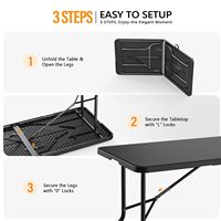Table pliante 6 pieds, portable, pliable, en plastique noir, longues tables pour fête, camping, banquet, artisanat, dîner, mariage, extérieur, intérieur