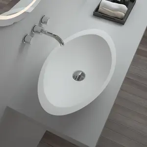 Artificial Stone Solid Surface Acrylic Pure White Matte Glossy Oval Egg Shaped Counter Top Bathroom Art Wash Basin Sink