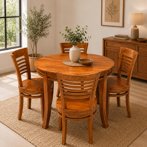 Mesa de Comedor Redonda Nórdica de Madera de Teca con Cuatro Sillas Laterales, Muebles de Madera Maciza para Apartamento, Cafetería y Comedor de Boutique - Product Image 5