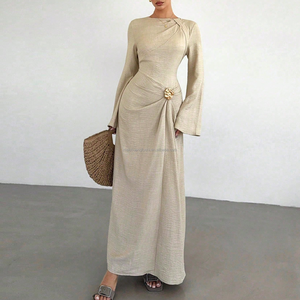 Abito Lungo Elegante Personalizzato <span class=keywords><strong>da</strong></span> Donna con Maniche Lunghe, Vita Attorcigliata e Dettagli Arricciati, Vestito <span class=keywords><strong>da</strong></span> Sera Modesto per Ospiti di Matrimonio e Feste - Product Image 1