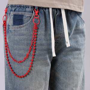 Cadena de cintura roja de doble capa con cuentas para jeans, estilo punk, cadena corporal de plástico, accesorio de uso diario. - Product Image 2