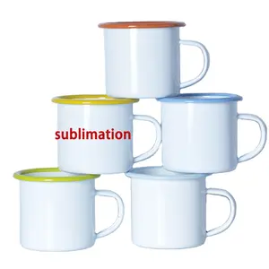 Wholesales Coated Sublimation Blank Custom Logo Reusable Rolled Rim Metal Steel Coffee Tea Cup Enamel Camping Mug With Handle