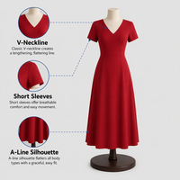 Robe Midi en Coton Doux Col V Manches Courtes Coupe Évasée Fluide pour Femme Rouge Minimaliste Décontractée Personnalisable avec Logo OEM – Vente en Gros