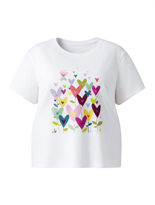 T-shirt corta con motivo a cuore colorato per donne di taglia grande, girocollo, maniche corte, stile vintage, per vacanze, primavera ed estate - Product Image 1