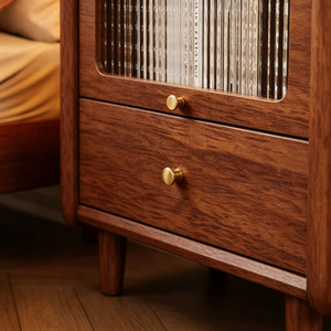 Premium <b>Walnut</b> Solid Wood Nightstand Mid-century Style Fluted Glass Door with <b>Drawer</b> Storage Bedroom Furniture Stable Short Legs - Product Image 3