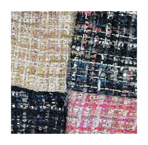 2024 Wholesale fashion polyester tweed boucle fabric tartan gold plaid rolls stock lot for women clothes