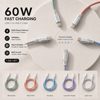 Câble USB 2.0 Type-C 60W PD à charge rapide 5A 1,2m en nylon tressé pour téléphone, tablette, batterie externe