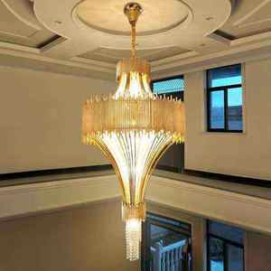 Lámpara de Araña LED Grande de Lujo en Dorado, Moderna, con Cristales, para Vestíbulo de Hotel, Villa o Escalera - Product Image 1