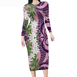<span class=keywords><strong>Abiti</strong></span> Lunghi Floreali Personalizzati da Donna con Stampa Polinesiana Samoana Motivo delle Isole del Pacifico Abito Aderente a Maniche Lunghe Tribale 2024 - Product Image 3
