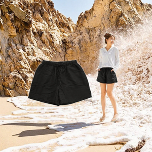 Short de bain noir à taille élastique pour homme, short de plage tissé, logo personnalisé, vêtements de plage décontractés - Product Image 3