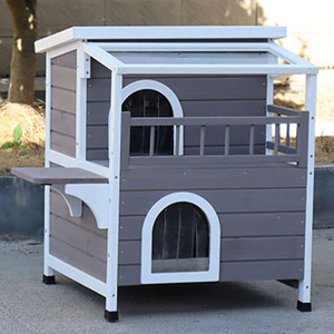 בריכת עץ יוקרתית חיצונית חסינת 2 שכבה בית חתול בית חם למכירה חתול משחק מחסה עם שני חיות מחמד קומה עם מרפסת - Product Image 6