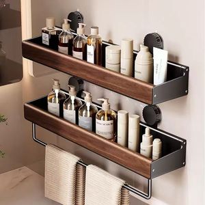 Bathroom Storage Rack 2 Bars Wood Organizer <b>Shelf</b> No Drilling Required Towel Rack For Bathroom - Product Image 1