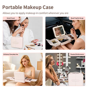 OBOX 메이크업 거울 5단계 밝기 조절 3색 LED 조명 대형 화이트 여행용 메이크업 정리함 오픈형 패션 화장품 PU 휴대용 - Product Image 2