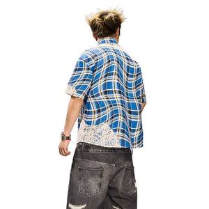 Fringuello abito di design camicia squadrata con maniche corte in <span class=keywords><strong>pizzo</strong></span> ricamato camicia Streetwear camicie a quadri <span class=keywords><strong>blu</strong></span> per gli uomini - Product Image 6