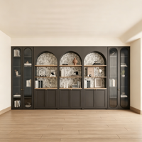 Buffet mural moderne gris anthracite avec portes en verre cannelé cintrées et étagères en bois clair, qualité professionnelle
