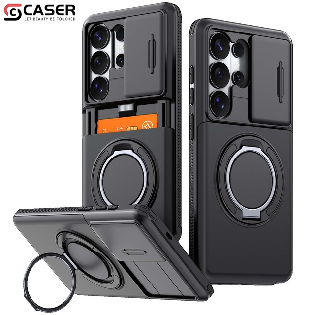 Shockproof Hard Phone Case Built-in Card Slot Slide Camera Cover 360 Rotating Ring Kickstand Protective Cover for Samsung A/S