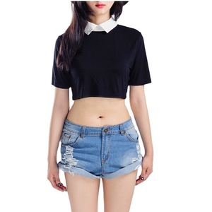 Noir uni lâche femmes recadrée <span class=keywords><strong>t</strong></span>-<span class=keywords><strong>shirt</strong></span> noir blanc filles haut court en gros recadrée à manches courtes <span class=keywords><strong>t</strong></span>-<span class=keywords><strong>shirt</strong></span> - Product Image 1
