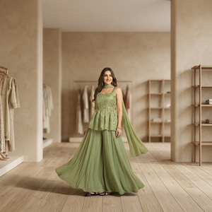 Ensemble Sharara traditionnel Bandhani vert pistache Rang Mahal en jacquard de soie et mousseline, avec manches supplémentaires, longueur ras du sol, pour femme, décontracté - Product Image 2