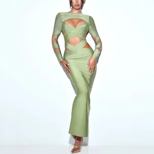 New Design Elegant Hollow out Bandage Sexy Evening Dress Women's Fashion Split Formal Party Prom Maxi Dresses