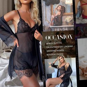 Fashion Valentine's Day Sexy Womens Dresses Sheer Mesh Pajamas Robe Set With Pads Girls Clothing Plus Size Womens Nightgown - Product Image 6