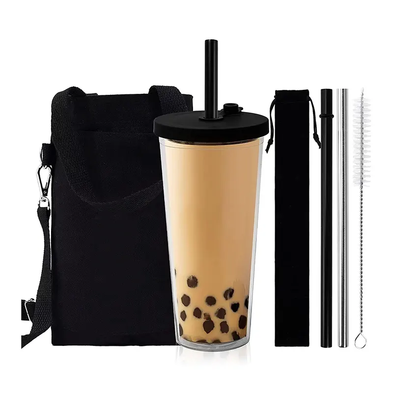Clear 24 oz Reusable Double Wall Insulated Tote Bag Cups Plastic Boba Cup With Straw and Leak Proof Lid