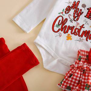 Set Natalizio per Neonati 4 Pezzi in Puro Cotone: Body 'Il Mio Primo Natale', Gonna a Quadri, Fiocco per Capelli + Calzini per Foto Festive - Product Image 4