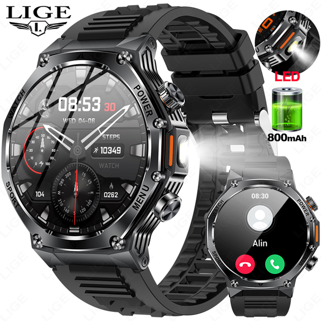 LIGE BWAK82 Men Outdoor LED Flashlight 100+ Sports Mode Smart Watch Wireless Call Health Monitor Remote Photography Smartwatch