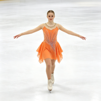 Robe de danse patinage orange avec maille nude, manches longues, motif feuille en strass argenté pour enfants et adultes, compétition et performance