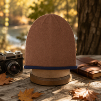 Bonnet élégant bicolore à revers – Chapeau d'hiver en tricot marron, 15 % laine mélangée, bonnet ajusté unisexe, accessoire de voyage décontracté et streetwear