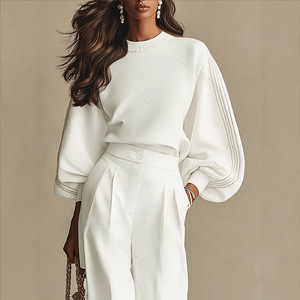 Ensemble deux pièces uni pour <span class=keywords><strong>femme</strong></span> avec haut en maille côtelée blanche à coupe ample et <span class=keywords><strong>pantalon</strong></span> large taille haute - Product Image 4