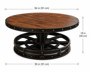 Table basse industrielle avec plateau rond en bois, design rustique automobile, pour salon, salle de séjour, man cave et décoration de garage - Product Image 1